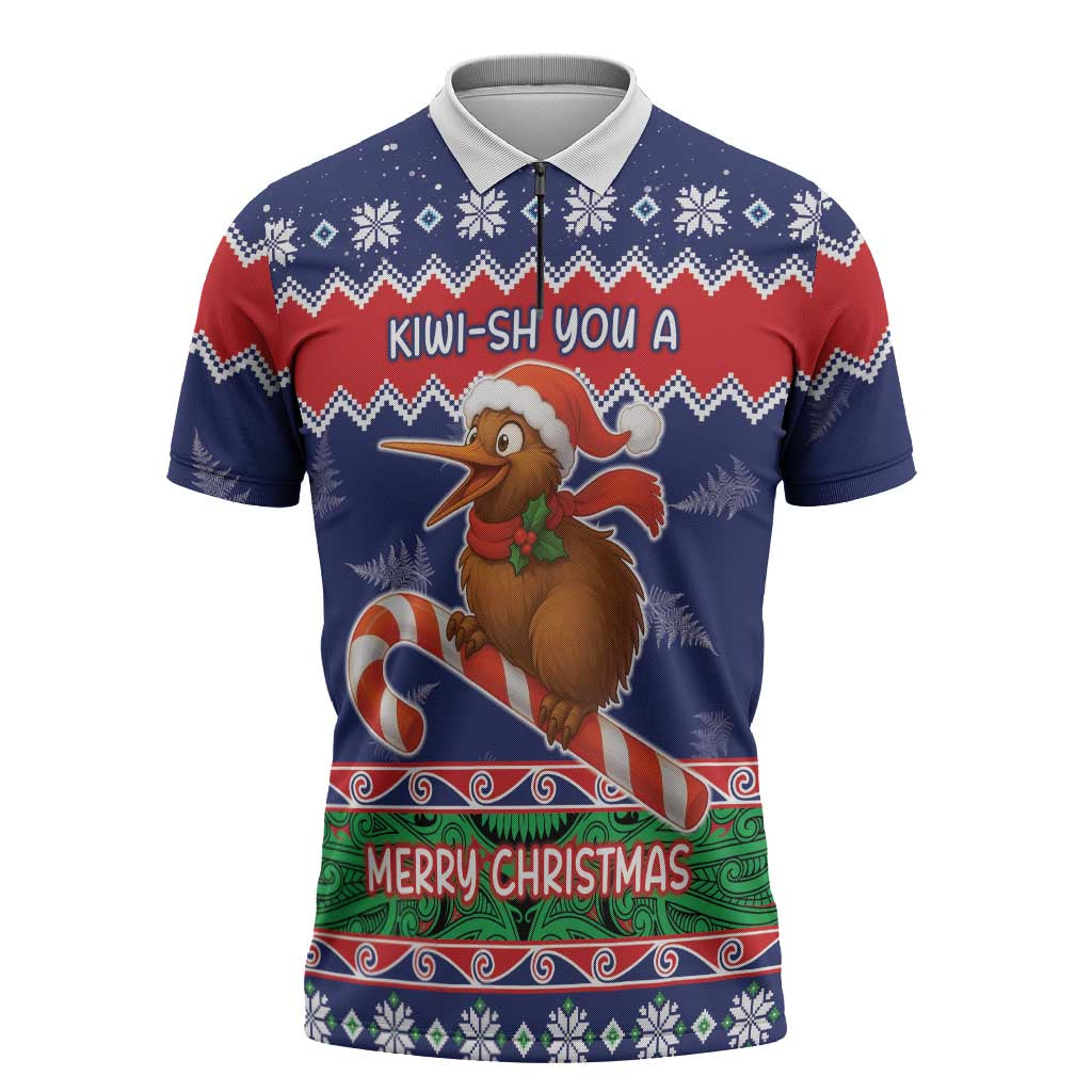 New Zealand Christmas Zipper Polo Shirt Kiwi-sh You A Merry Christmas LT05 Blue - Polynesian Pride