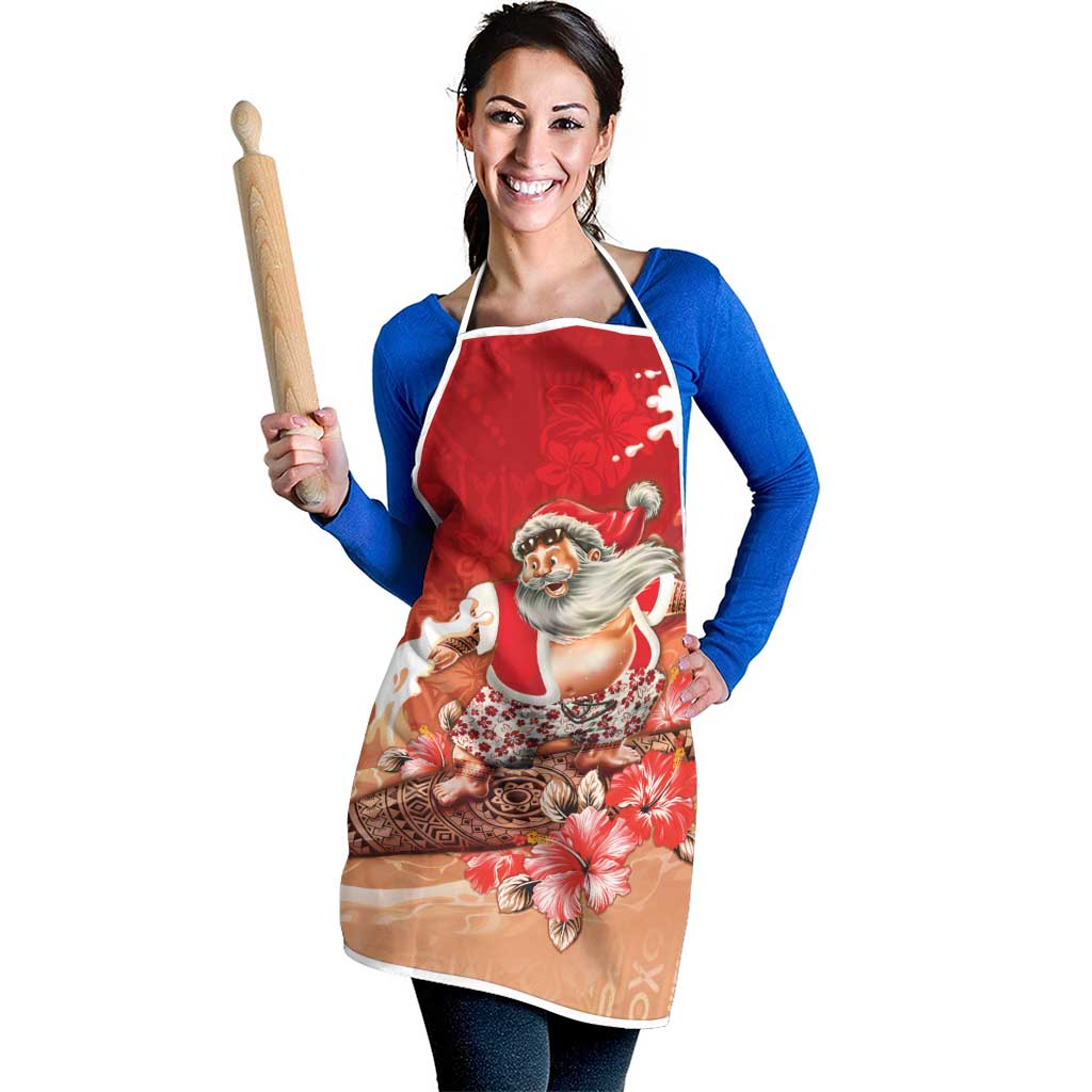 Hawaii Funny Christmas Apron Santa Surfing With Tapa Pattern - Polynesian Pride