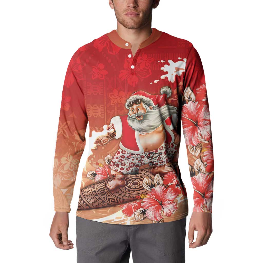 Hawaii Funny Christmas Button Sweatshirt Santa Surfing With Tapa Pattern - Polynesian Pride