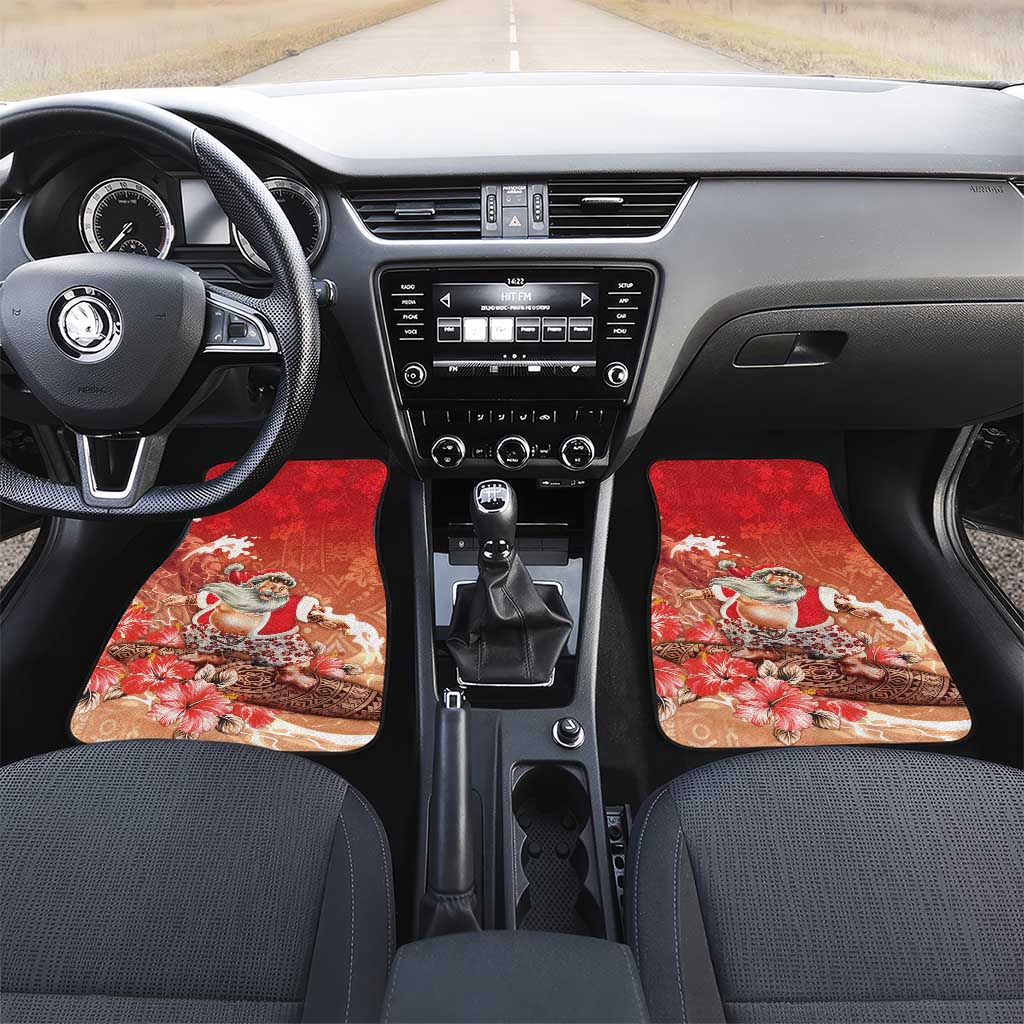 Hawaii Funny Christmas Car Mats Santa Surfing With Tapa Pattern - Polynesian Pride
