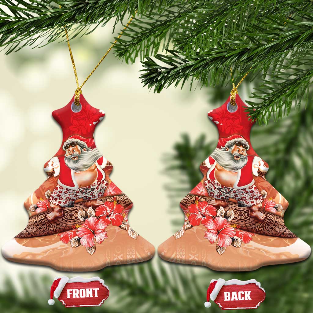 Hawaii Funny Christmas Ceramic Ornament Santa Surfing With Tapa Pattern - Polynesian Pride