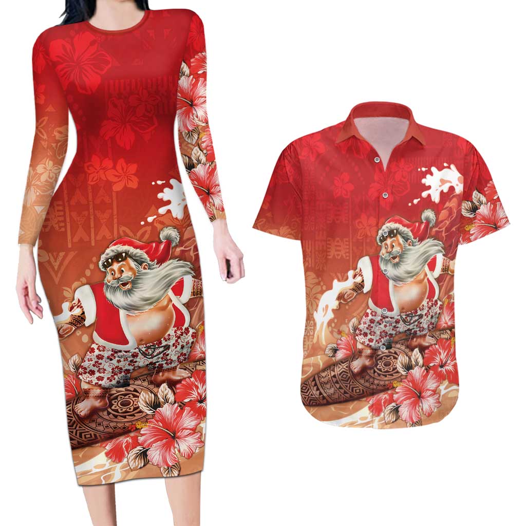 Hawaii Funny Christmas Couples Matching Long Sleeve Bodycon Dress and Hawaiian Shirt Santa Surfing With Tapa Pattern LT05 Red - Polynesian Pride