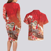 Hawaii Funny Christmas Couples Matching Long Sleeve Bodycon Dress and Hawaiian Shirt Santa Surfing With Tapa Pattern LT05 - Polynesian Pride