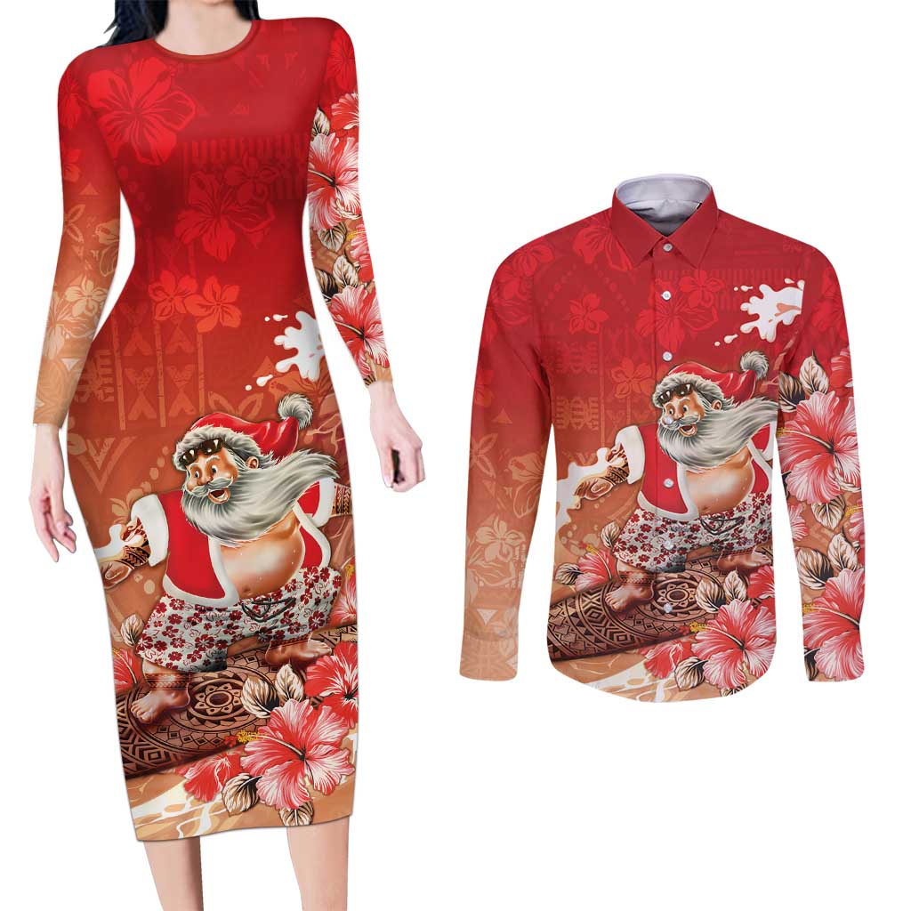 Hawaii Funny Christmas Couples Matching Long Sleeve Bodycon Dress and Long Sleeve Button Shirt Santa Surfing With Tapa Pattern LT05 Red - Polynesian Pride