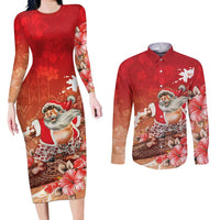 Hawaii Funny Christmas Couples Matching Long Sleeve Bodycon Dress and Long Sleeve Button Shirt Santa Surfing With Tapa Pattern LT05 Red - Polynesian Pride