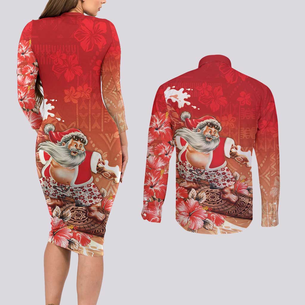 Hawaii Funny Christmas Couples Matching Long Sleeve Bodycon Dress and Long Sleeve Button Shirt Santa Surfing With Tapa Pattern LT05 - Polynesian Pride