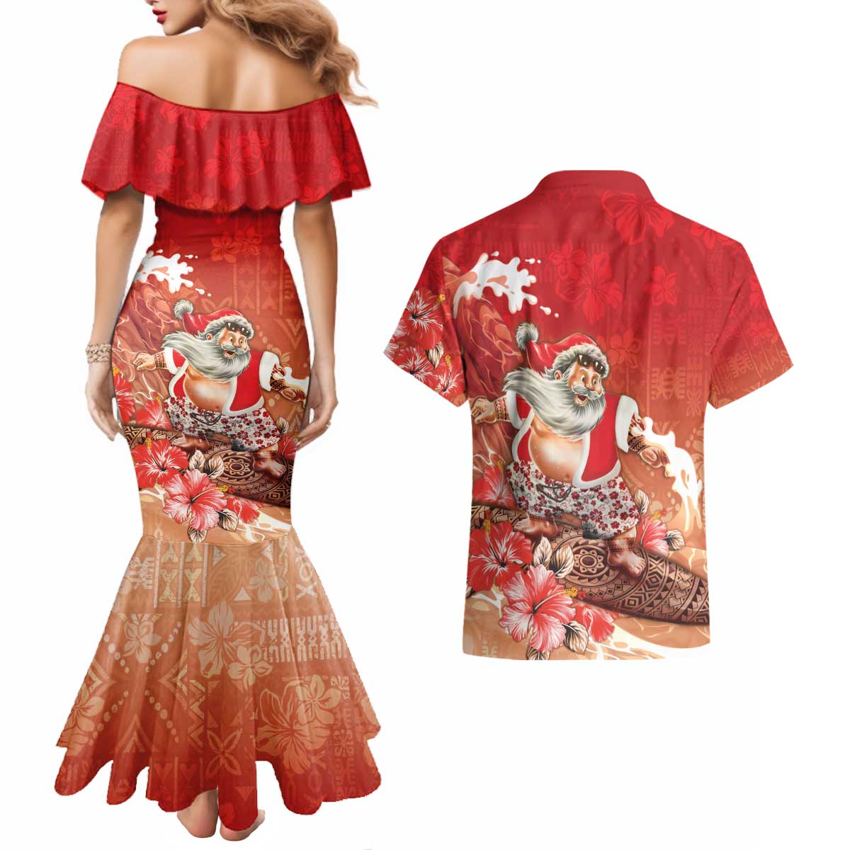 Hawaii Funny Christmas Couples Matching Mermaid Dress and Hawaiian Shirt Santa Surfing With Tapa Pattern LT05 - Polynesian Pride