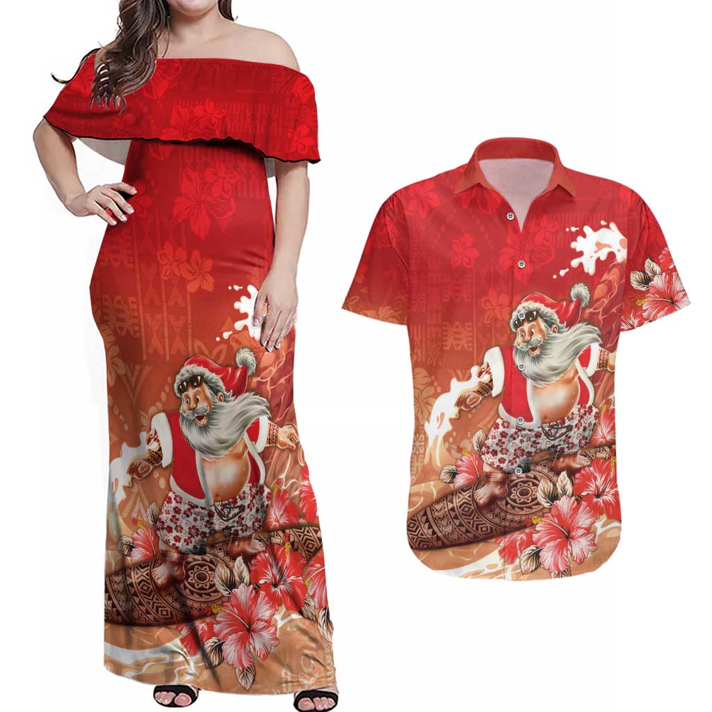 Hawaii Funny Christmas Couples Matching Off Shoulder Maxi Dress and Hawaiian Shirt Santa Surfing With Tapa Pattern LT05 Red - Polynesian Pride