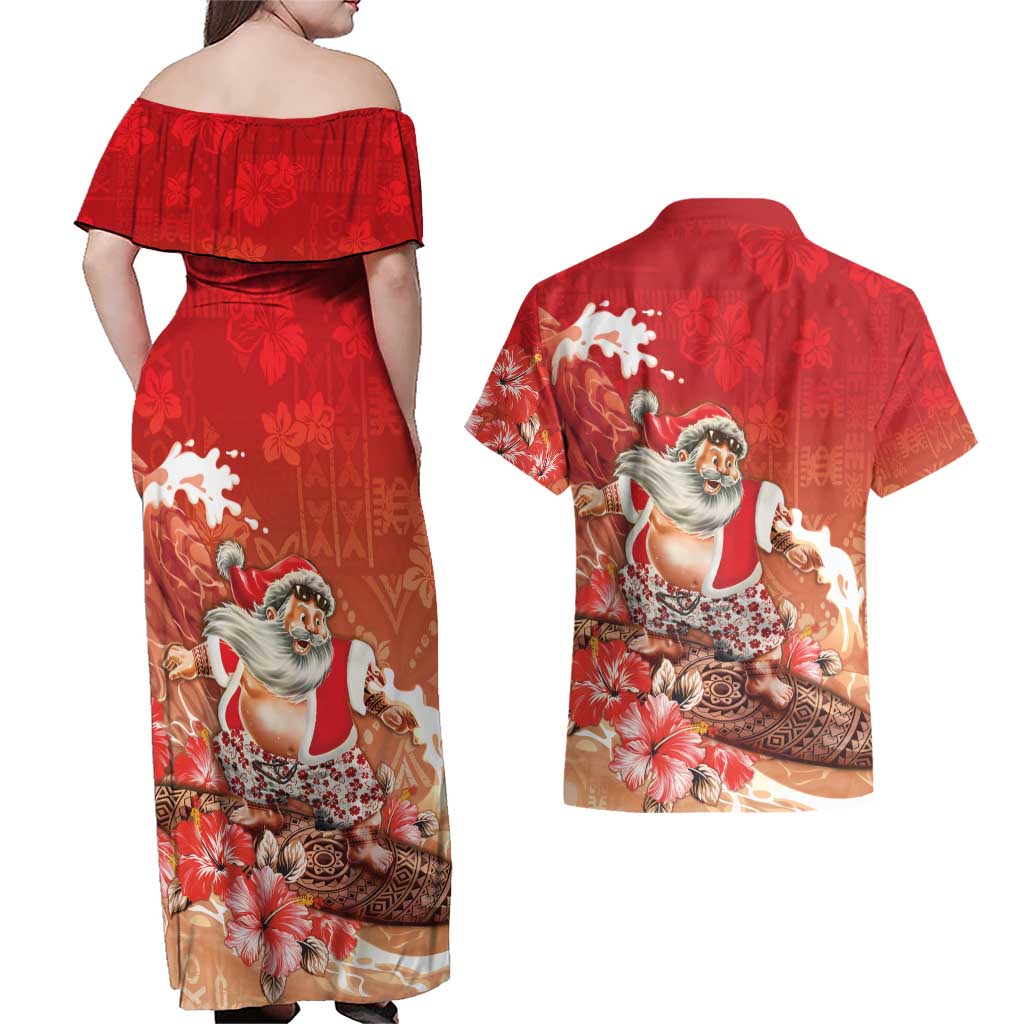 Hawaii Funny Christmas Couples Matching Off Shoulder Maxi Dress and Hawaiian Shirt Santa Surfing With Tapa Pattern LT05 - Polynesian Pride