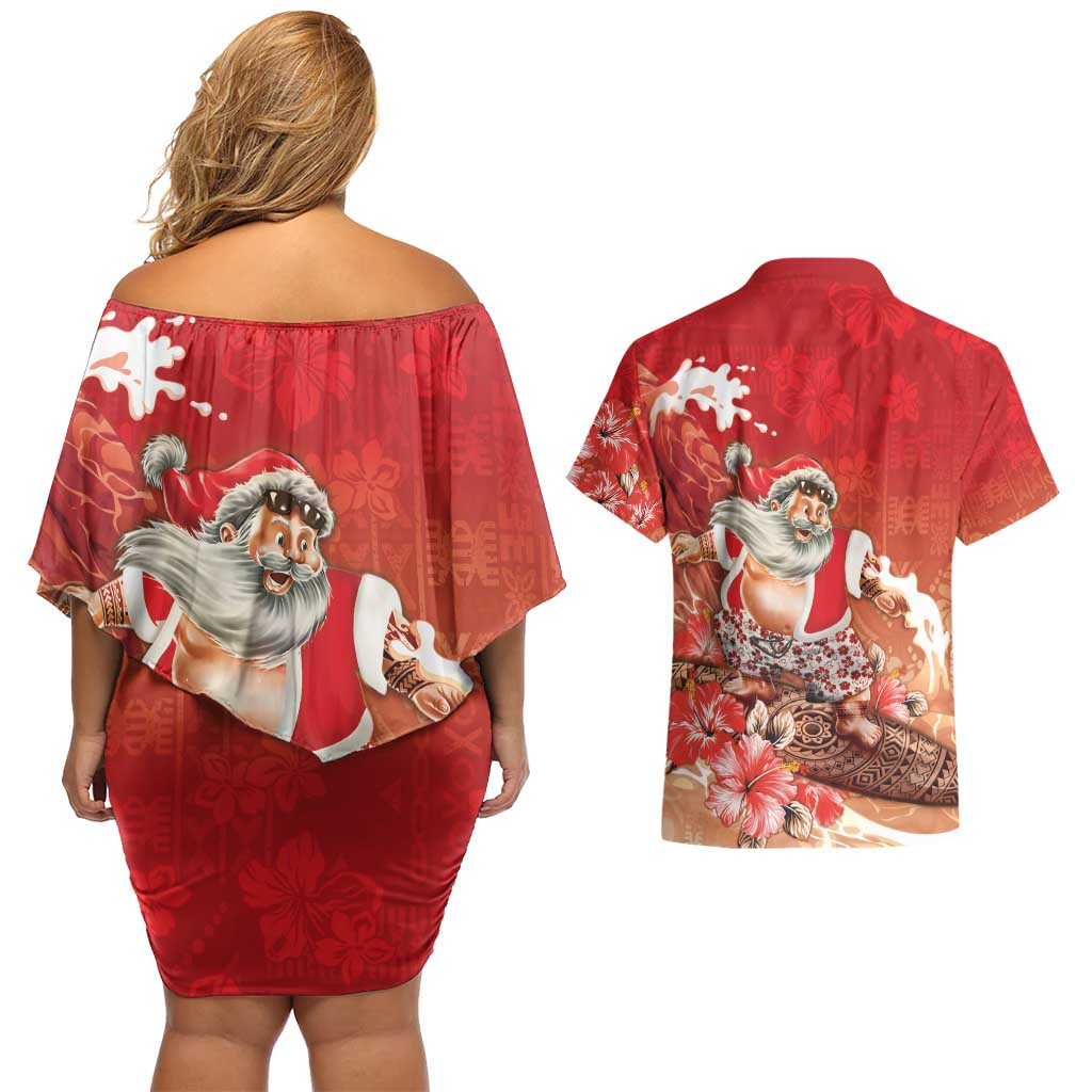 Hawaii Funny Christmas Couples Matching Off Shoulder Short Dress and Hawaiian Shirt Santa Surfing With Tapa Pattern LT05 - Polynesian Pride