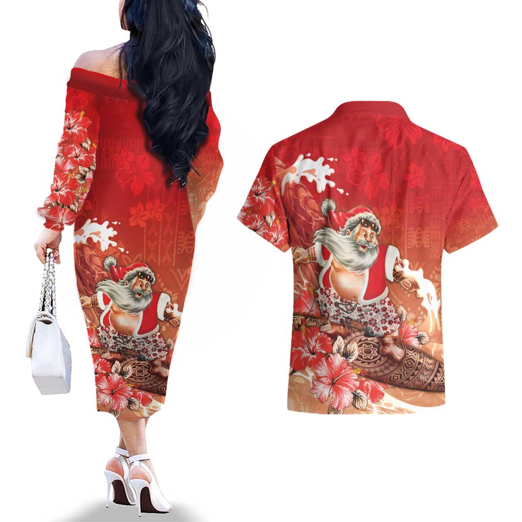 Hawaii Funny Christmas Couples Matching Off The Shoulder Long Sleeve Dress and Hawaiian Shirt Santa Surfing With Tapa Pattern LT05 - Polynesian Pride