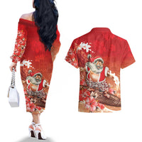 Hawaii Funny Christmas Couples Matching Off The Shoulder Long Sleeve Dress and Hawaiian Shirt Santa Surfing With Tapa Pattern LT05 - Polynesian Pride