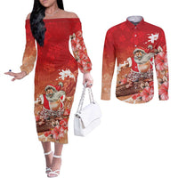 Hawaii Funny Christmas Couples Matching Off The Shoulder Long Sleeve Dress and Long Sleeve Button Shirt Santa Surfing With Tapa Pattern LT05 Red - Polynesian Pride