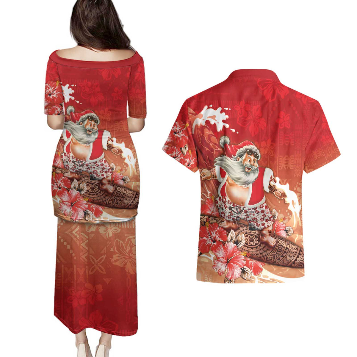 Hawaii Funny Christmas Couples Matching Puletasi and Hawaiian Shirt Santa Surfing With Tapa Pattern - Polynesian Pride