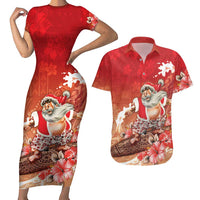 Hawaii Funny Christmas Couples Matching Short Sleeve Bodycon Dress and Hawaiian Shirt Santa Surfing With Tapa Pattern LT05 Red - Polynesian Pride