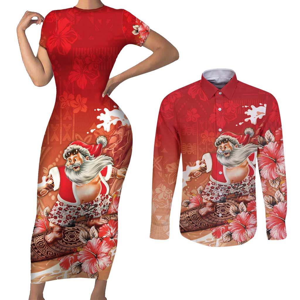 Hawaii Funny Christmas Couples Matching Short Sleeve Bodycon Dress and Long Sleeve Button Shirt Santa Surfing With Tapa Pattern LT05 Red - Polynesian Pride