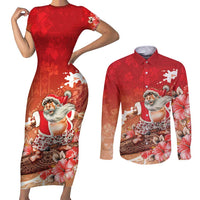Hawaii Funny Christmas Couples Matching Short Sleeve Bodycon Dress and Long Sleeve Button Shirt Santa Surfing With Tapa Pattern LT05 Red - Polynesian Pride