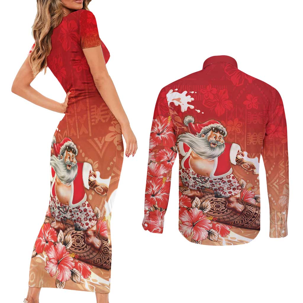 Hawaii Funny Christmas Couples Matching Short Sleeve Bodycon Dress and Long Sleeve Button Shirt Santa Surfing With Tapa Pattern LT05 - Polynesian Pride