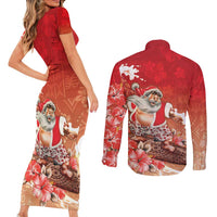 Hawaii Funny Christmas Couples Matching Short Sleeve Bodycon Dress and Long Sleeve Button Shirt Santa Surfing With Tapa Pattern LT05 - Polynesian Pride