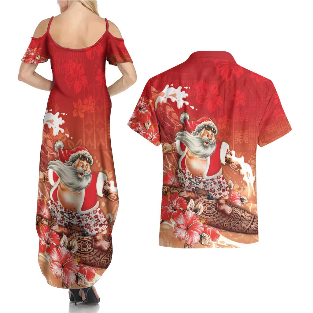 Hawaii Funny Christmas Couples Matching Summer Maxi Dress and Hawaiian Shirt Santa Surfing With Tapa Pattern LT05 - Polynesian Pride