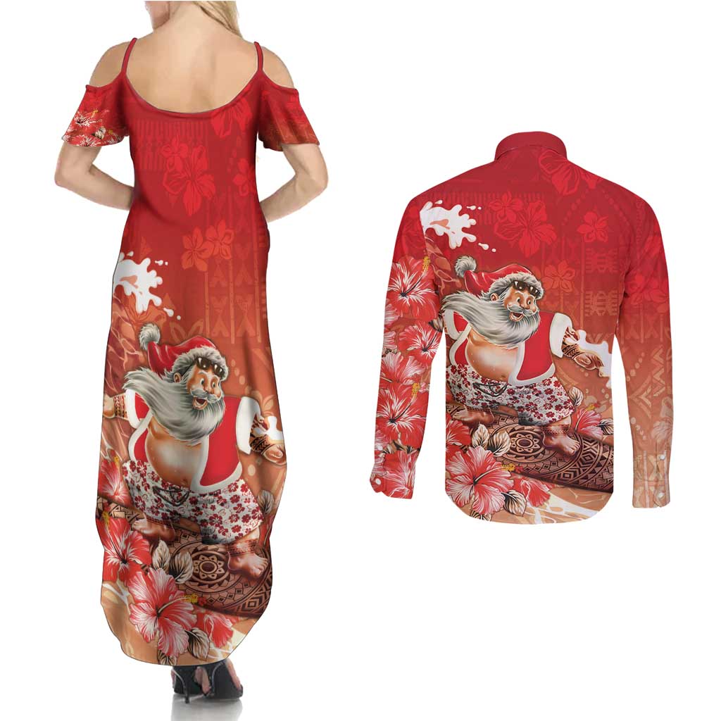 Hawaii Funny Christmas Couples Matching Summer Maxi Dress and Long Sleeve Button Shirt Santa Surfing With Tapa Pattern - Polynesian Pride