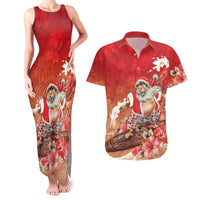 Hawaii Funny Christmas Couples Matching Tank Maxi Dress and Hawaiian Shirt Santa Surfing With Tapa Pattern LT05 Red - Polynesian Pride