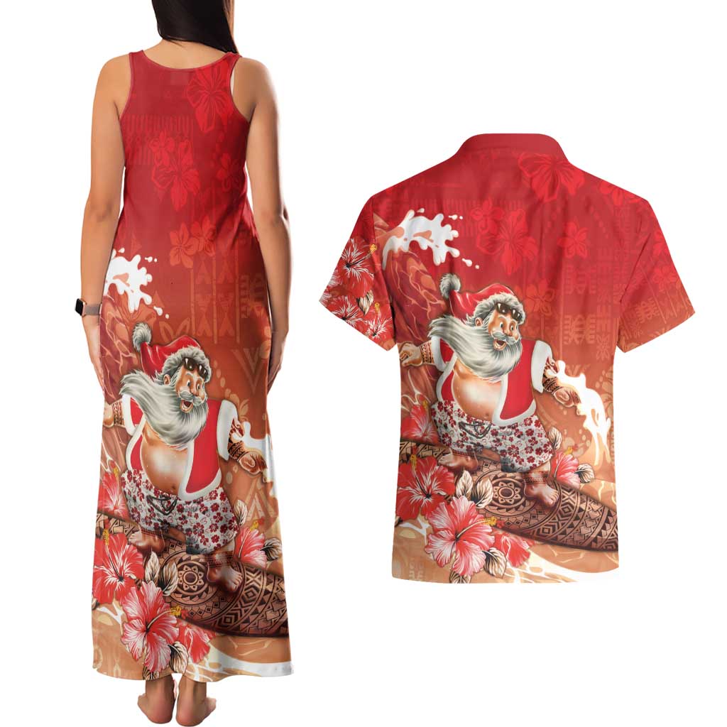 Hawaii Funny Christmas Couples Matching Tank Maxi Dress and Hawaiian Shirt Santa Surfing With Tapa Pattern LT05 - Polynesian Pride