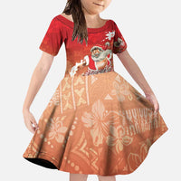 Hawaii Funny Christmas Family Matching Long Sleeve Bodycon Dress and Hawaiian Shirt Santa Surfing With Tapa Pattern LT05 Daughter's Dress Red - Polynesian Pride