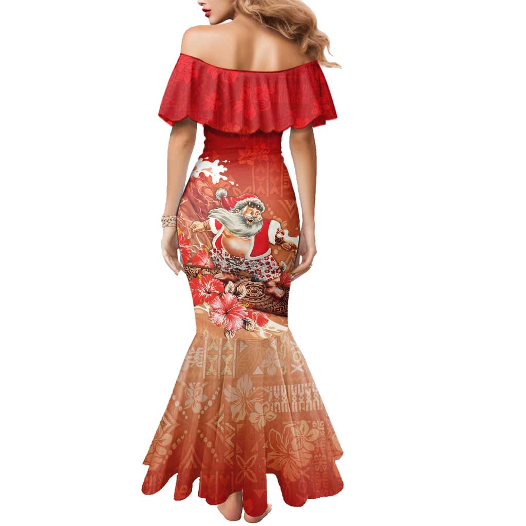 Hawaii Funny Christmas Family Matching Mermaid Dress and Hawaiian Shirt Santa Surfing With Tapa Pattern LT05 - Polynesian Pride