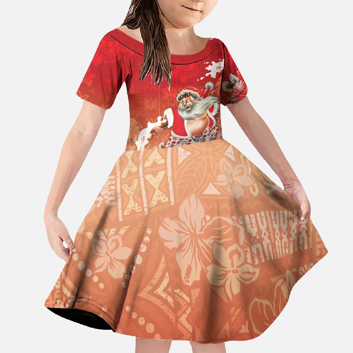 Hawaii Funny Christmas Family Matching Off The Shoulder Long Sleeve Dress and Hawaiian Shirt Santa Surfing With Tapa Pattern LT05 Daughter's Dress Red - Polynesian Pride