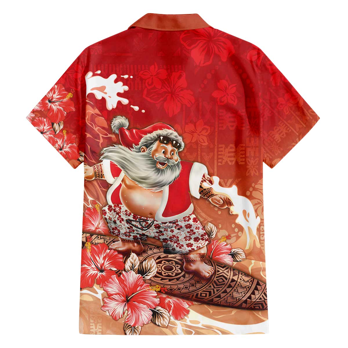 Hawaii Funny Christmas Family Matching Off The Shoulder Long Sleeve Dress and Hawaiian Shirt Santa Surfing With Tapa Pattern LT05 - Polynesian Pride