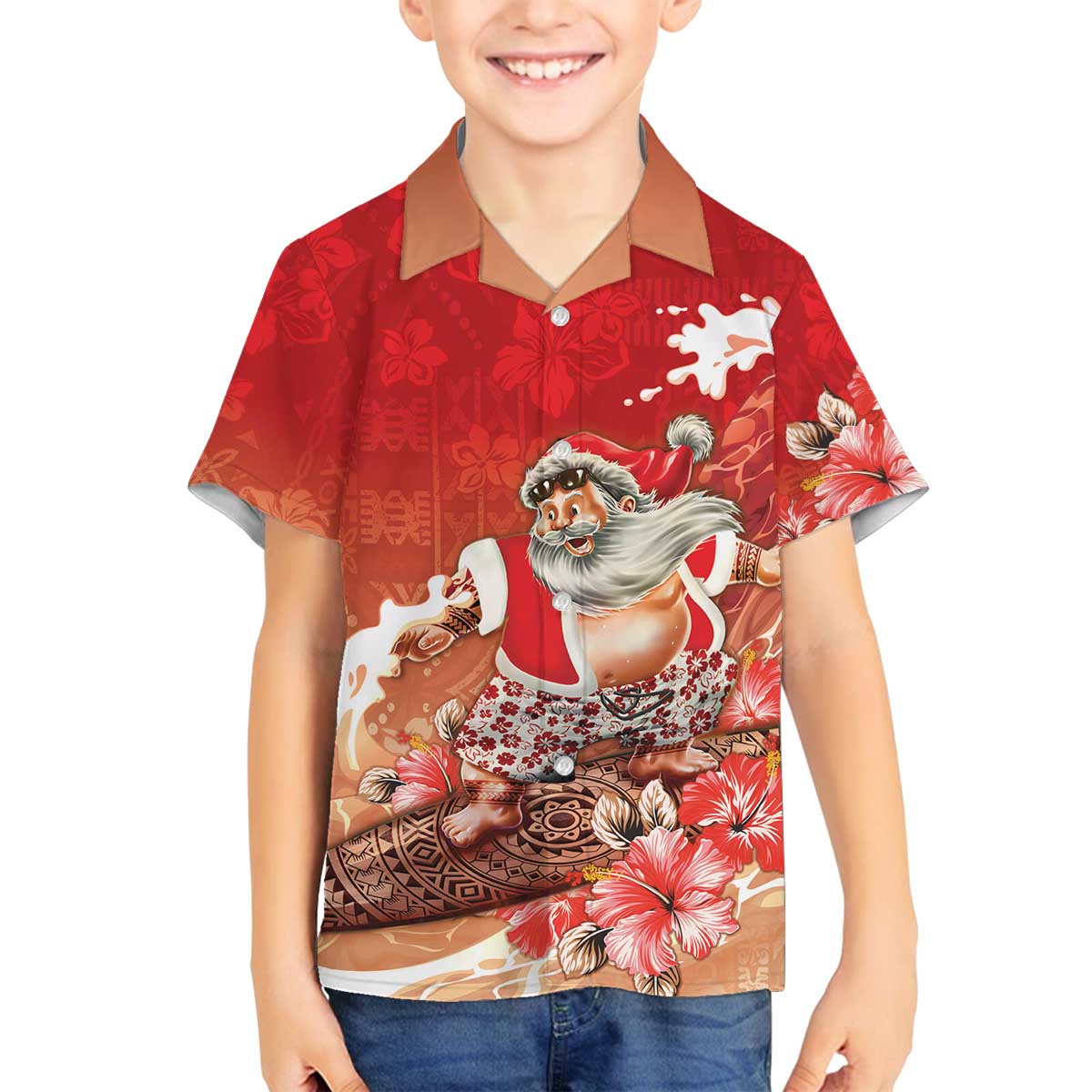 Hawaii Funny Christmas Family Matching Off The Shoulder Long Sleeve Dress and Hawaiian Shirt Santa Surfing With Tapa Pattern LT05 Son's Shirt Red - Polynesian Pride