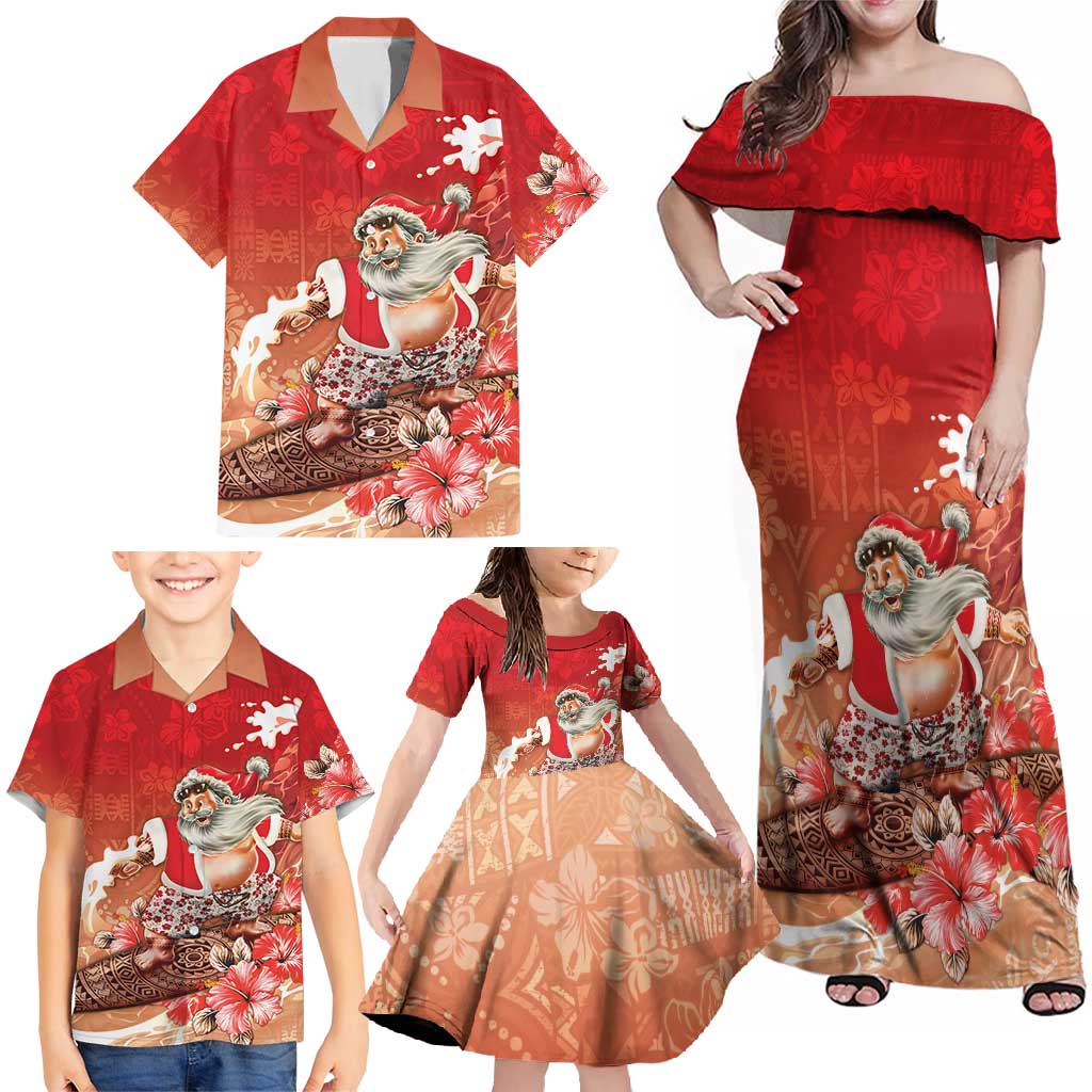 Hawaii Funny Christmas Family Matching Off Shoulder Maxi Dress and Hawaiian Shirt Santa Surfing With Tapa Pattern LT05 - Polynesian Pride