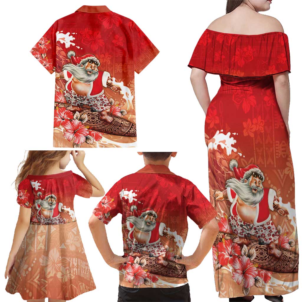 Hawaii Funny Christmas Family Matching Off Shoulder Maxi Dress and Hawaiian Shirt Santa Surfing With Tapa Pattern LT05 - Polynesian Pride