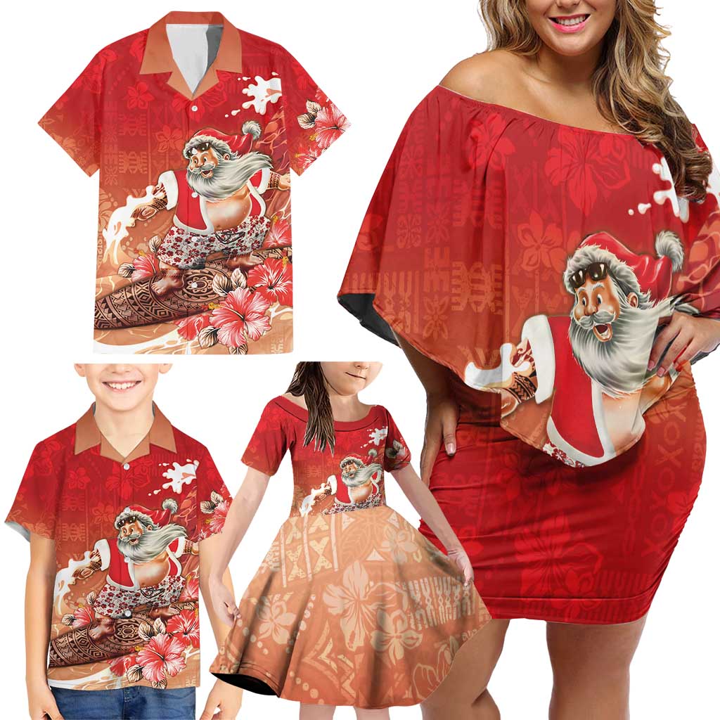 Hawaii Funny Christmas Family Matching Off Shoulder Short Dress and Hawaiian Shirt Santa Surfing With Tapa Pattern LT05 - Polynesian Pride