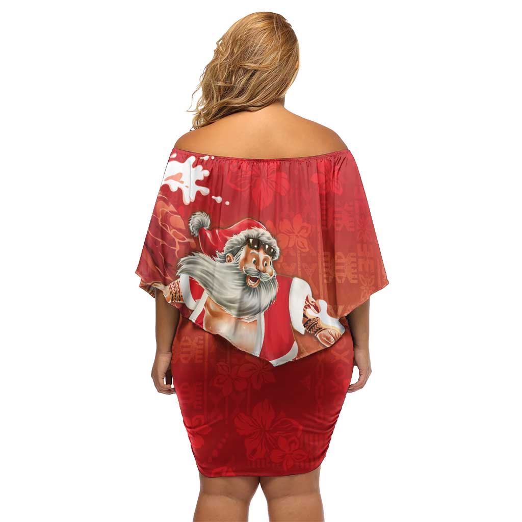Hawaii Funny Christmas Family Matching Off Shoulder Short Dress and Hawaiian Shirt Santa Surfing With Tapa Pattern LT05 - Polynesian Pride