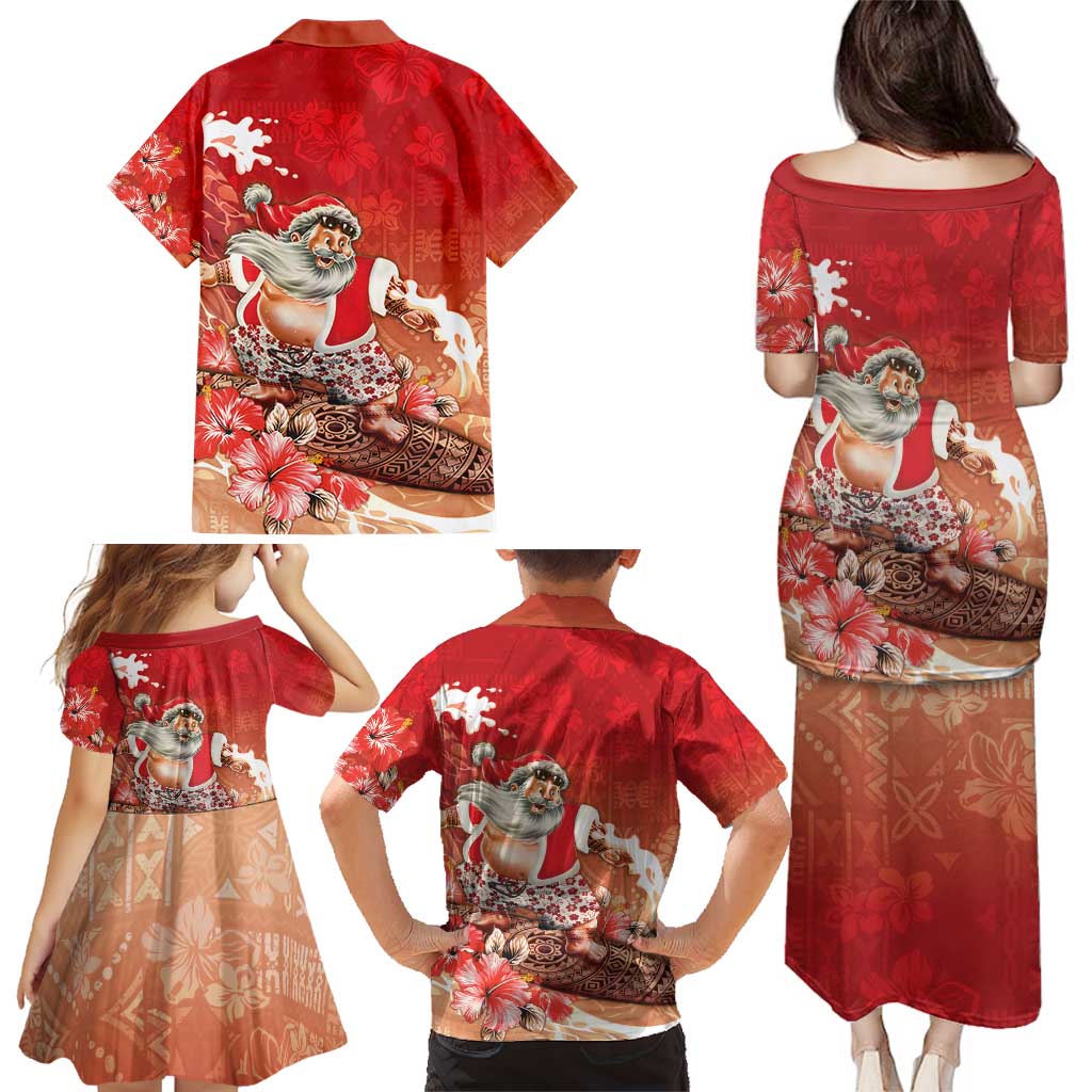 Hawaii Funny Christmas Family Matching Puletasi and Hawaiian Shirt Santa Surfing With Tapa Pattern LT05 - Polynesian Pride