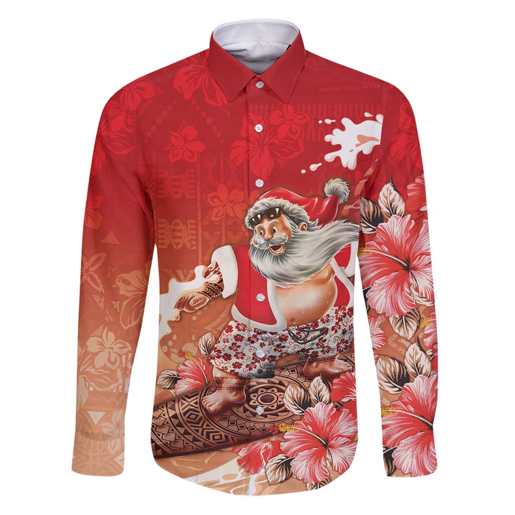 Hawaii Funny Christmas Family Matching Puletasi and Hawaiian Shirt Santa Surfing With Tapa Pattern LT05 Dad's Shirt - Long Sleeve Red - Polynesian Pride