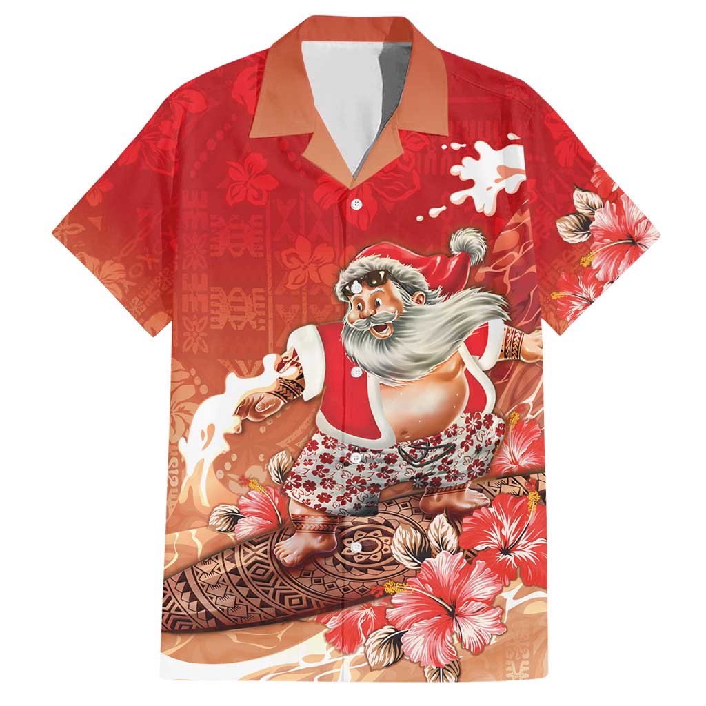 Hawaii Funny Christmas Family Matching Short Sleeve Bodycon Dress and Hawaiian Shirt Santa Surfing With Tapa Pattern LT05 Dad's Shirt - Short Sleeve Red - Polynesian Pride