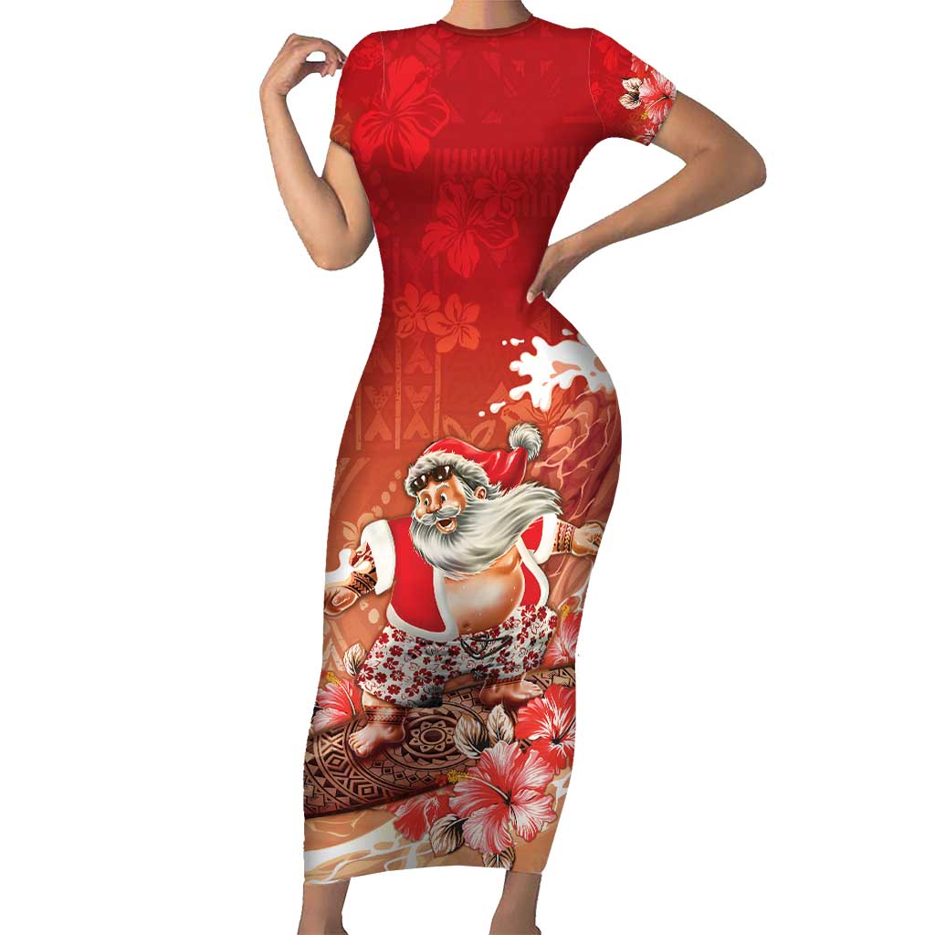 Hawaii Funny Christmas Family Matching Short Sleeve Bodycon Dress and Hawaiian Shirt Santa Surfing With Tapa Pattern LT05 Mom's Dress Red - Polynesian Pride