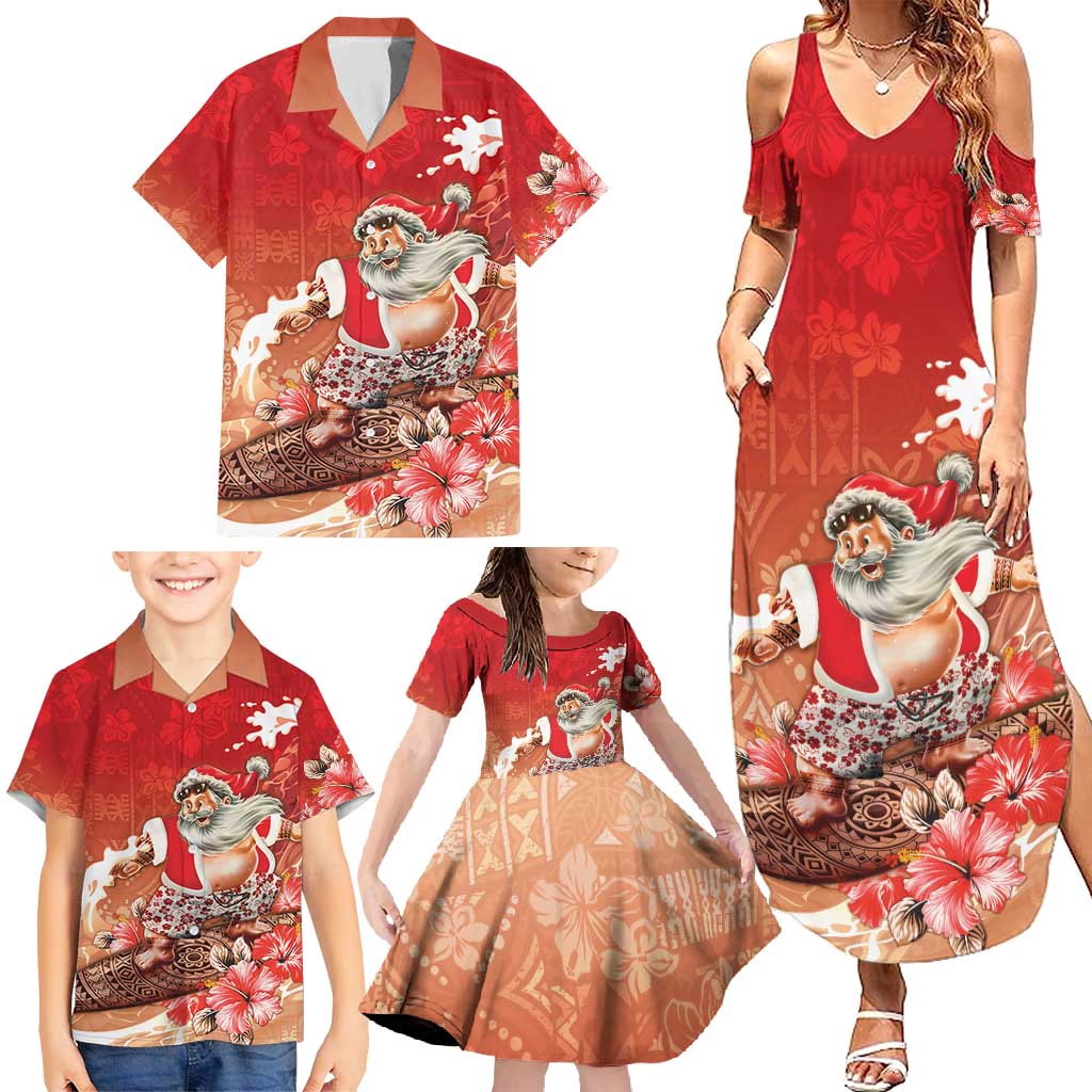 Hawaii Funny Christmas Family Matching Summer Maxi Dress and Hawaiian Shirt Santa Surfing With Tapa Pattern LT05 - Polynesian Pride