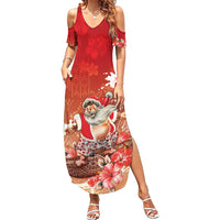 Hawaii Funny Christmas Family Matching Summer Maxi Dress and Hawaiian Shirt Santa Surfing With Tapa Pattern LT05 Mom's Dress Red - Polynesian Pride