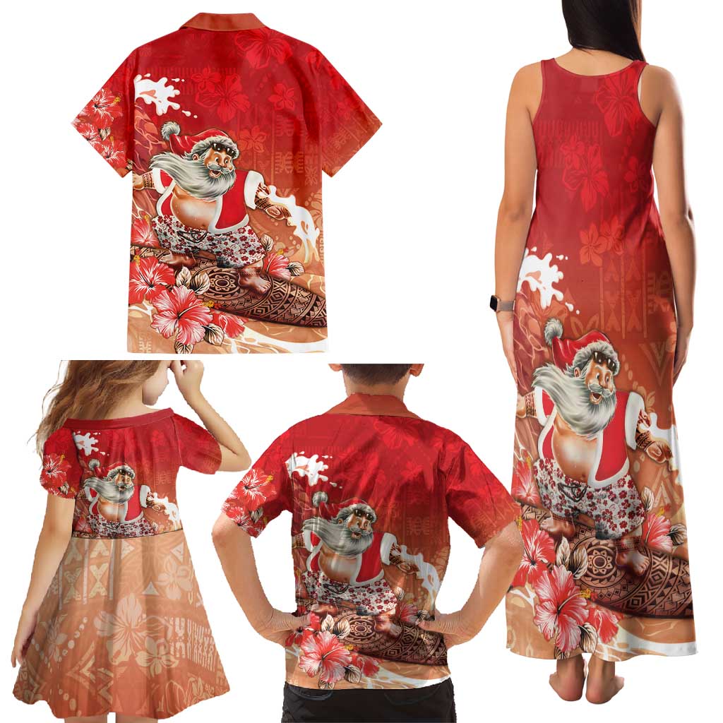 Hawaii Funny Christmas Family Matching Tank Maxi Dress and Hawaiian Shirt Santa Surfing With Tapa Pattern LT05 - Polynesian Pride
