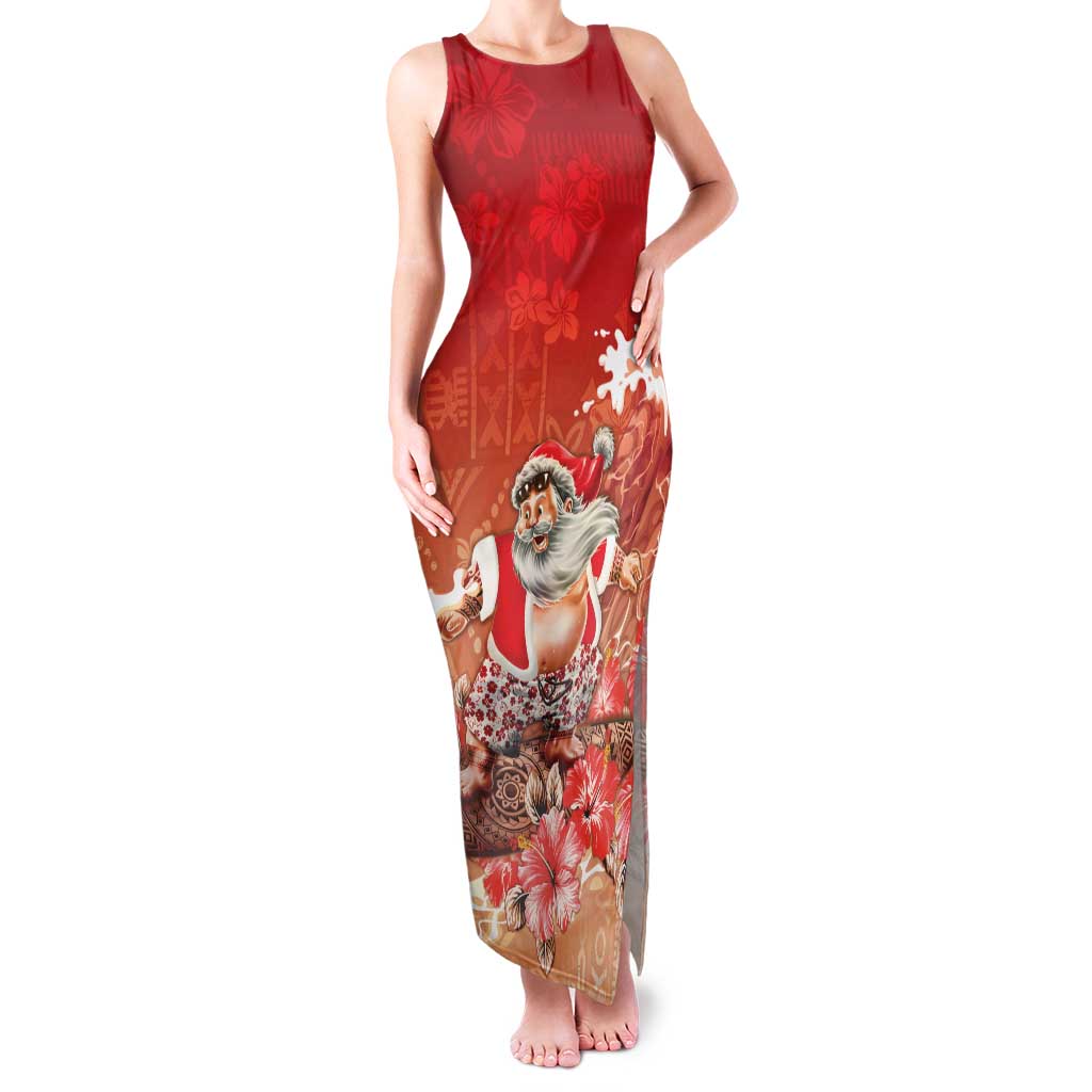 Hawaii Funny Christmas Family Matching Tank Maxi Dress and Hawaiian Shirt Santa Surfing With Tapa Pattern LT05 Mom's Dress Red - Polynesian Pride