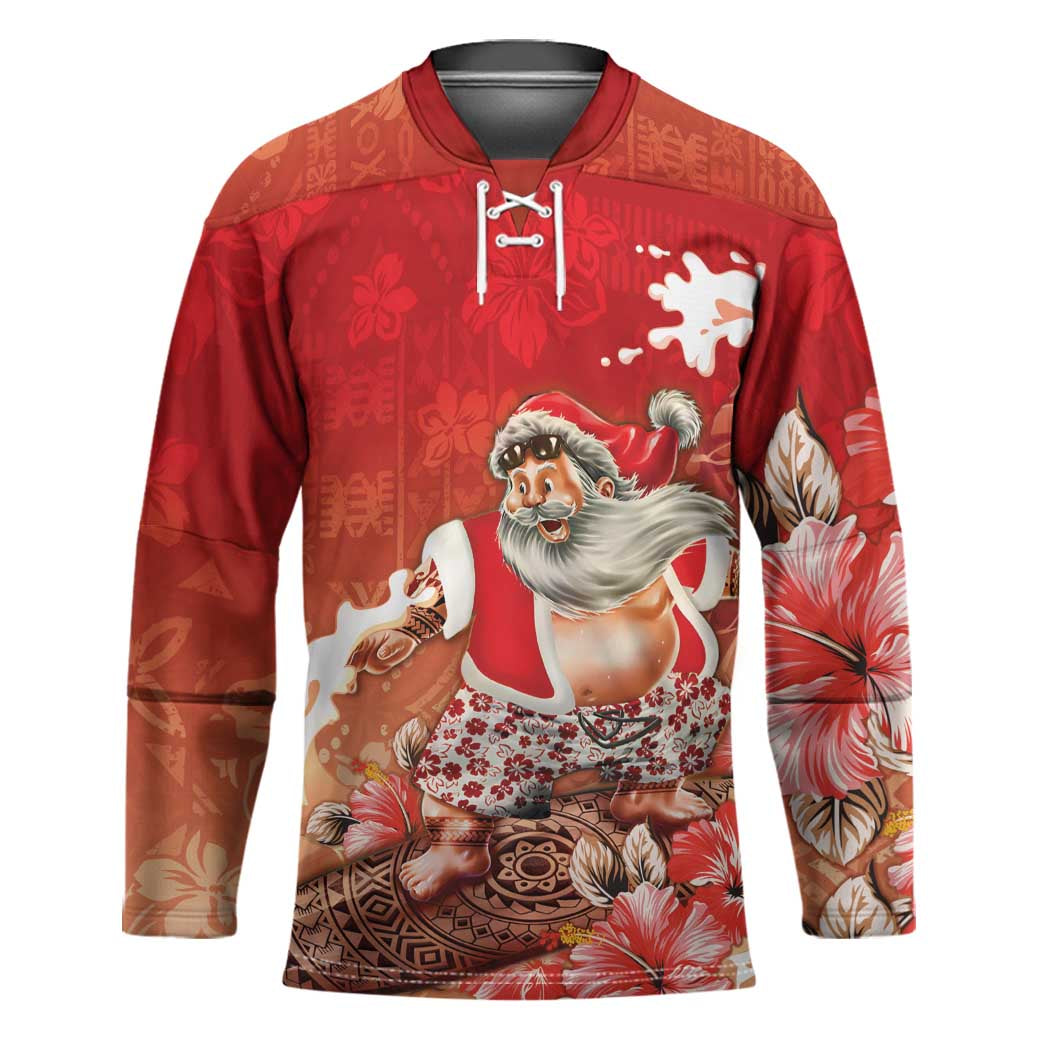 Hawaii Funny Christmas Hockey Jersey Santa Surfing With Tapa Pattern - Polynesian Pride