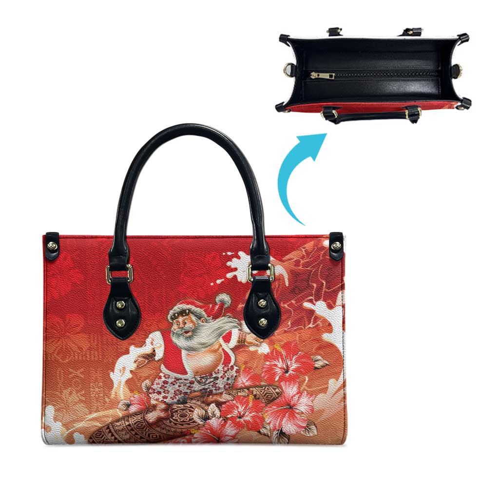 Hawaii Funny Christmas Leather Bag Santa Surfing With Tapa Pattern - Polynesian Pride