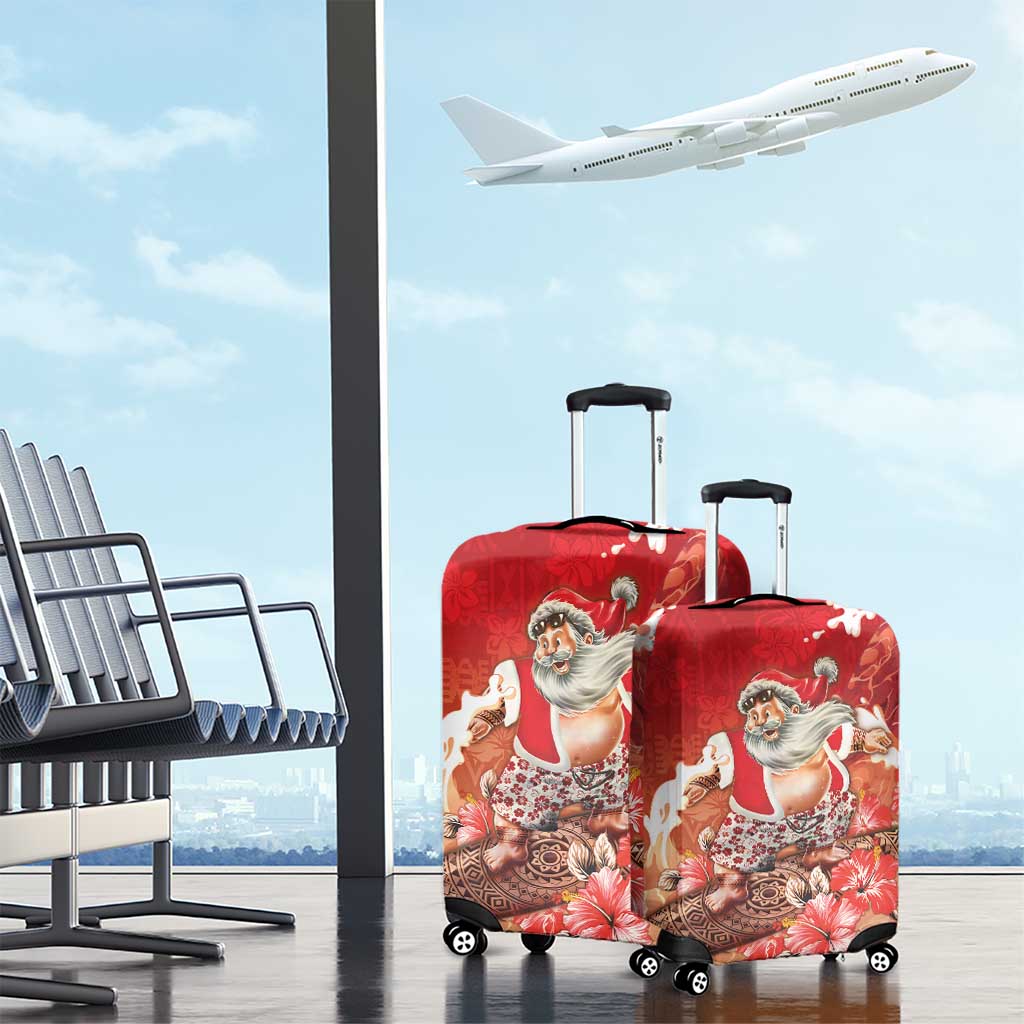 Hawaii Funny Christmas Luggage Cover Santa Surfing With Tapa Pattern - Polynesian Pride