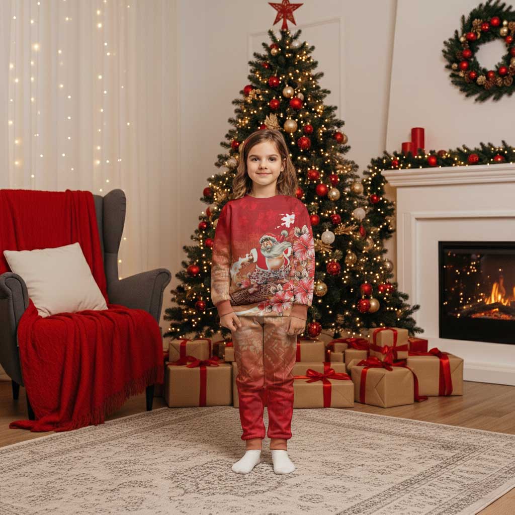 Hawaii Funny Christmas Pajama Set Santa Surfing With Tapa Pattern - Polynesian Pride