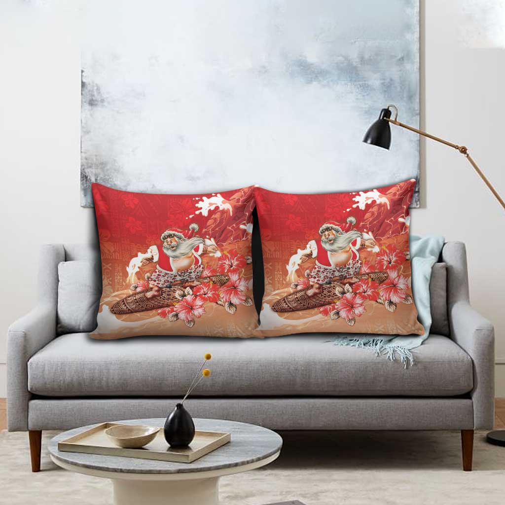 Hawaii Funny Christmas Pillow Cover Santa Surfing With Tapa Pattern - Polynesian Pride