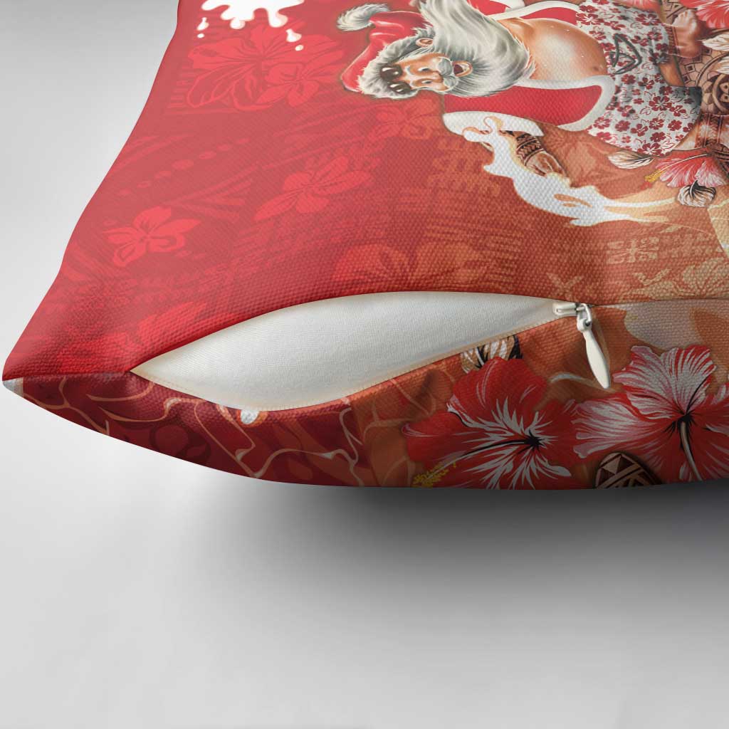 Hawaii Funny Christmas Pillow Cover Santa Surfing With Tapa Pattern - Polynesian Pride